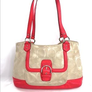 Coach Abbey F27725 Khaki Pomegranate Signature Twill Carryall Shoulder Bag Purse